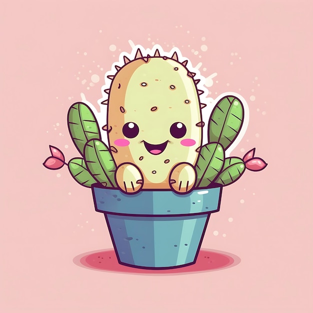 Photo cute cartoon cactus with smiling face and leaves in a blue pot against a pink background