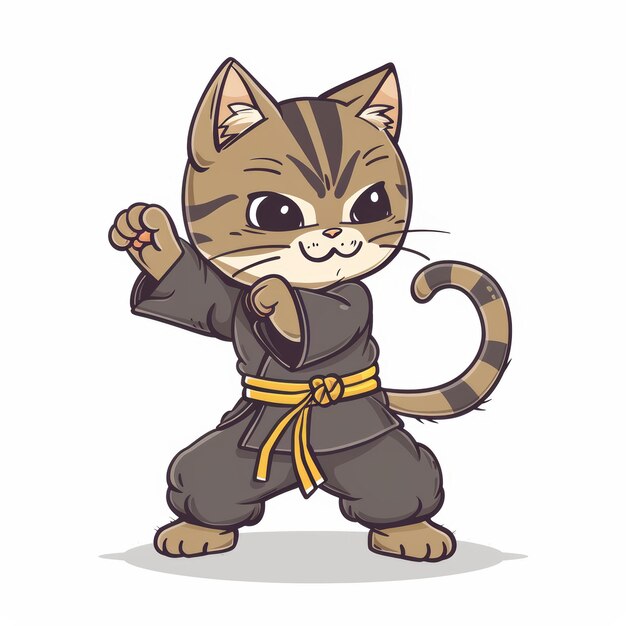 Photo a cute cartoon cat in a black karate gi with a yellow belt is striking a fighting pose