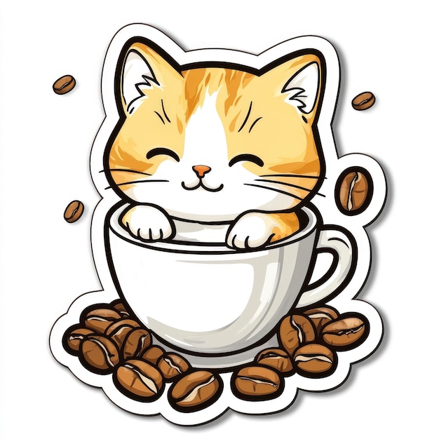 Cute Cartoon Cat in a Coffee Cup with Coffee Beans