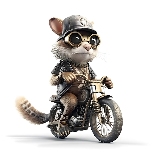 Cute cartoon cat dressed as a pilot sitting on a motorcycle isolated on white background