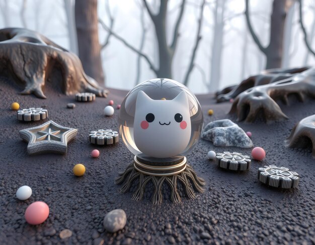 Photo cute cartoon cat inside a glass sphere on a pebble surface