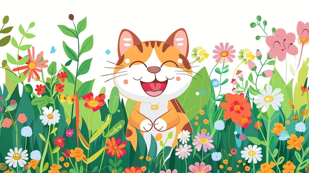 Photo a cute cartoon cat is surrounded by colorful flowers and green grass