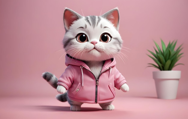 Cute Cartoon Cat in Pink Hoodie