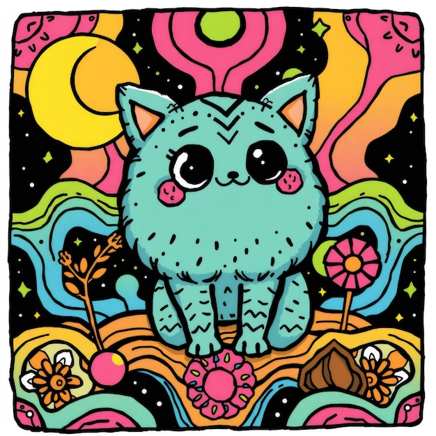 Photo cute cartoon cat in a psychedelic landscape with moon and stars