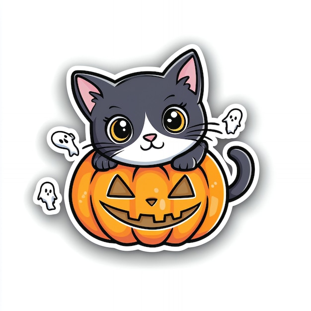 Photo cute cartoon cat in pumpkin halloween sticker