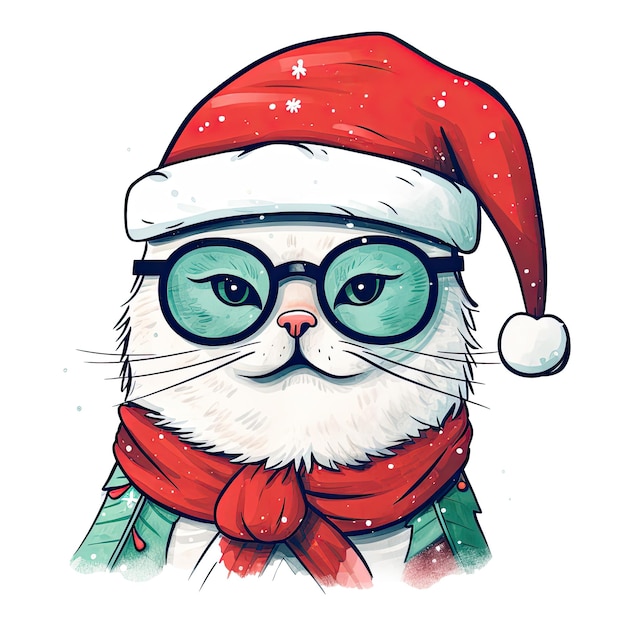 Cute cartoon cat Santa Claus hat Merry Christmas watercolor illustration isolated background