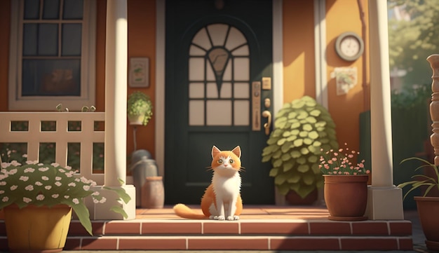 Cute Cartoon Cat Sitting on the Front Porch of a House Generative AI