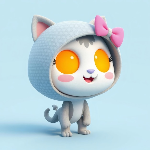 Cute cartoon cat wearing a hooded hat with pink bow