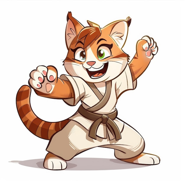 A cute cartoon cat wearing a karate uniform and a black belt with a determined look on her face