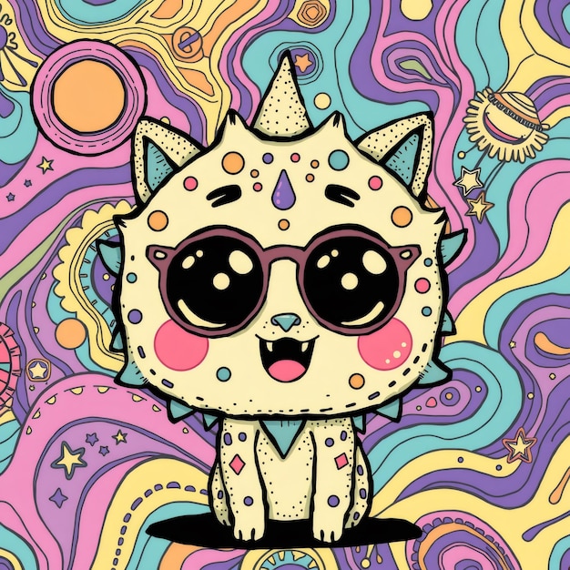 Photo cute cartoon cat wearing sunglasses with a colorful psychedelic background