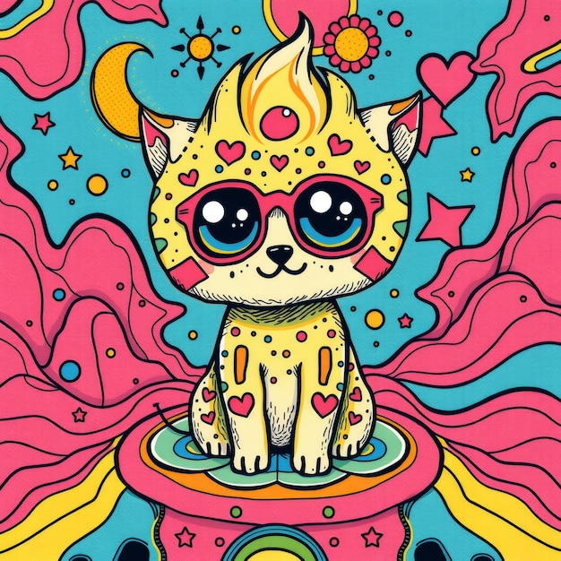 Photo cute cartoon cat wearing sunglasses with psychedelic background