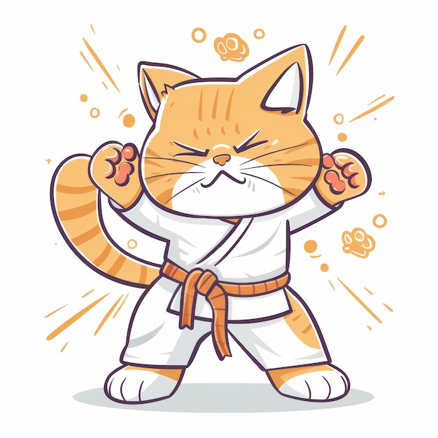 Photo a cute cartoon cat wearing a white karate gi with an orange belt in a fighting pose