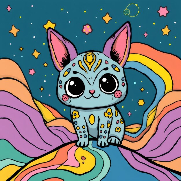 Photo cute cartoon cat with big eyes on a colorful rainbow background