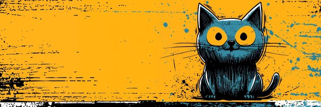 Cute Cartoon Cat with Big Eyes on Grunge Yellow Background