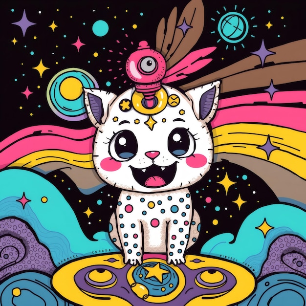 Photo cute cartoon cat with big eyes riding a spaceship in space with colorful cosmic background