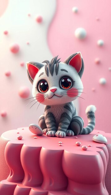 Photo cute cartoon cat with big eyes sitting on a pink platform with white and pink orbs in the background