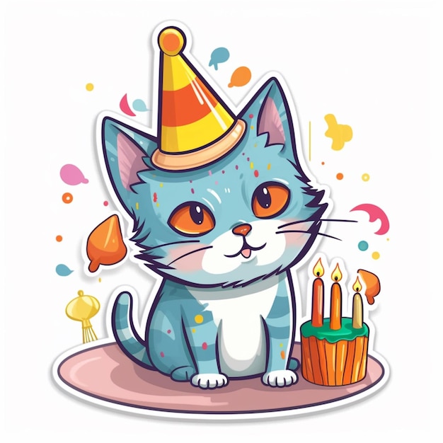 Photo cute cartoon cat with birthday cake and candles vector illustration