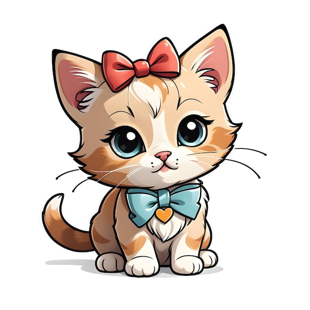 Cute Cartoon Cat With Bow Tie Isolated On White Background Vector Illustration