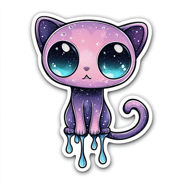 Cute Cartoon Cat with Galaxy Fur and Dripping Blue Paint