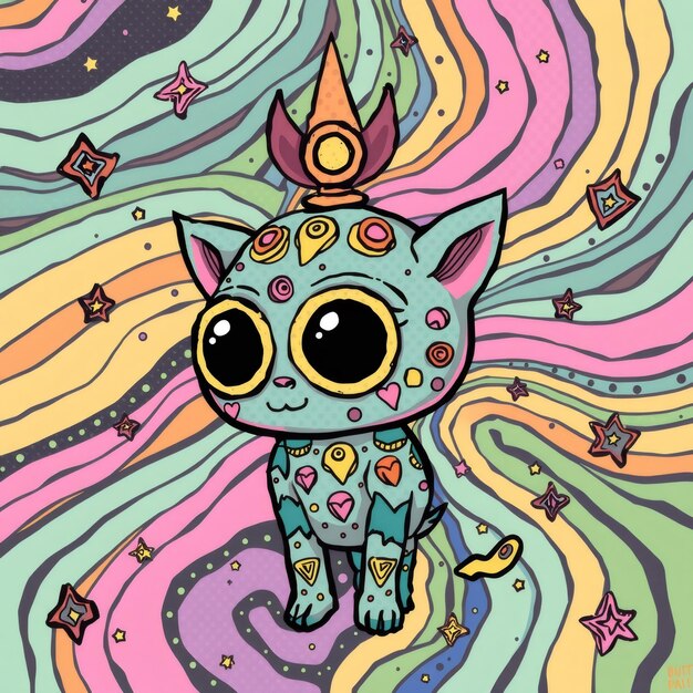 Photo cute cartoon cat with large eyes and stars on a colorful swirl background