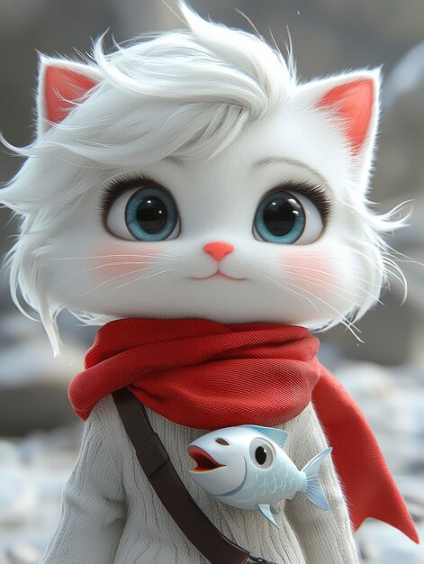 Cute Cartoon Cat with Red Scarf and Fish