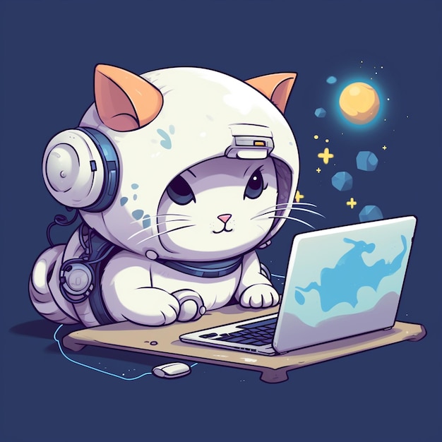 A cute cartoon cat working on laptop