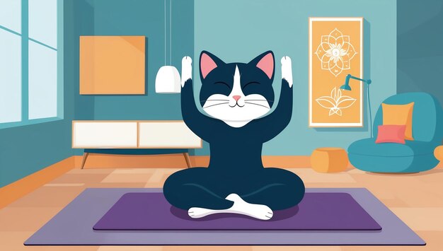 Photo cute cartoon cat in yoga pose in room flat design illustration