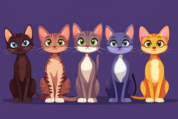 Cute cartoon cats with different colors and poses on a purple background