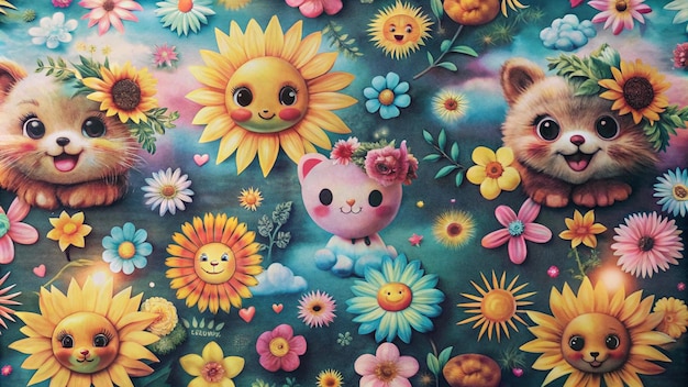 Cute cartoon cats with sunflowers and flowers on a blue background