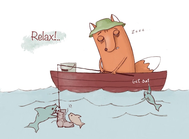 Cute cartoon character is fishing and relaxing