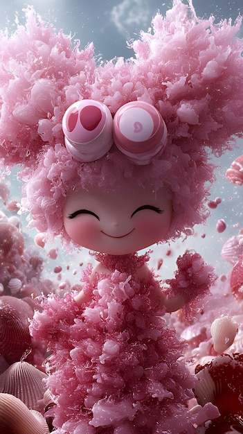 Photo cute cartoon character in pink with a happy face