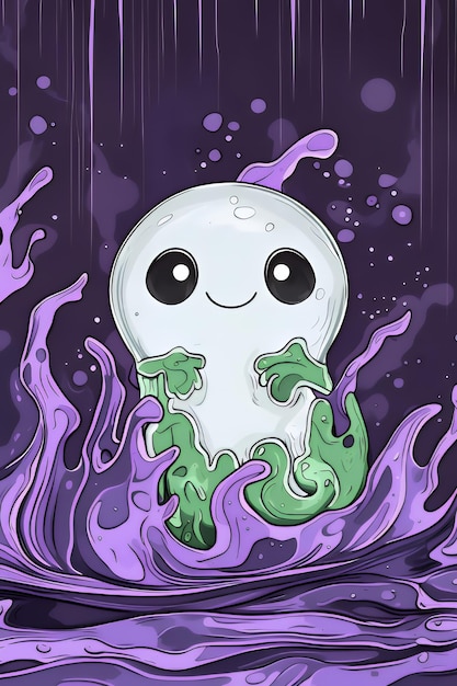 Photo cute cartoon character in purple and green liquid