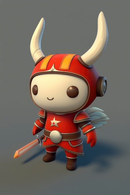 Cute Cartoon Character in Red Armor with Sword