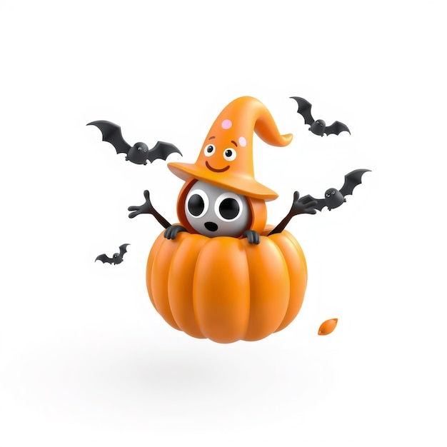 A cute cartoon character wearing a witch hat is peeking out of a pumpkin with bats flying around