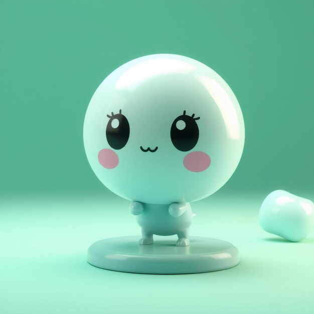 Photo cute cartoon character with big eyes and blushing cheeks stands on a pedestal