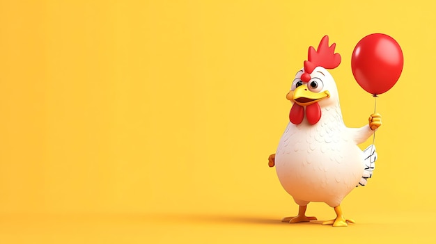 Photo cute cartoon chicken holding a red balloon against a yellow background