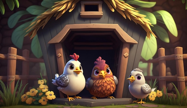 Cute Cartoon Chickens in a Chicken Coop Generative AI