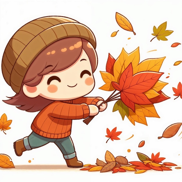 Photo cute cartoon child with autumn leaves on white background ai