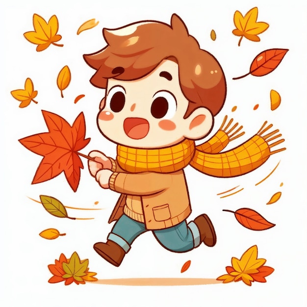 Photo cute cartoon child with autumn leaves on white background ai