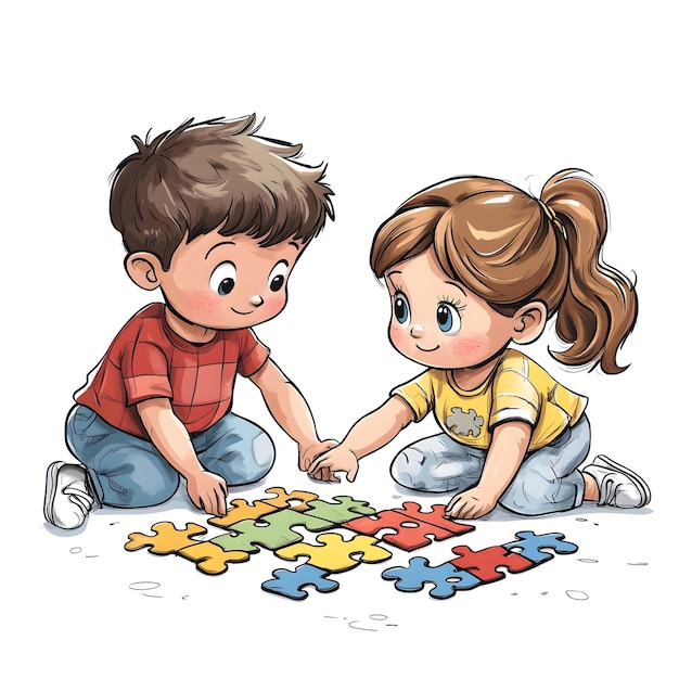 Cute Cartoon Children Playing Puzzle on Clean White Background