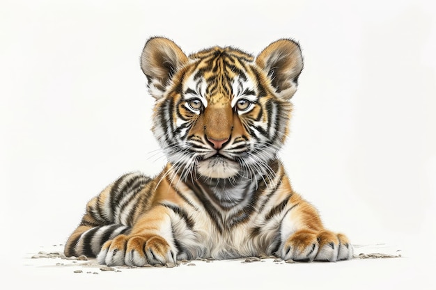 In a cute cartoon and Chinese ink painting style a baby Northeast Tiger smiles at you from the ground raised and joyful