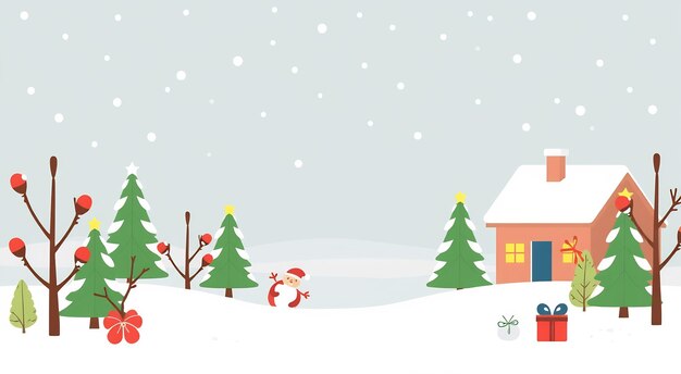 Cute cartoon Christmas scene with a snowy house trees and a snowman