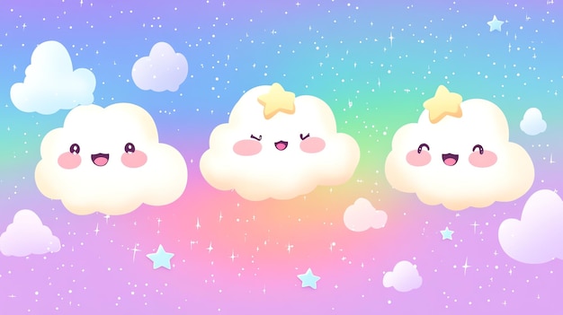 Photo cute cartoon clouds with happy faces in a magical colorful sky