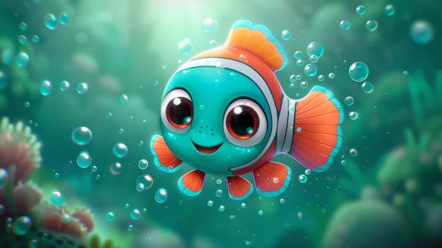 Cute Cartoon Clownfish in a Blue Ocean