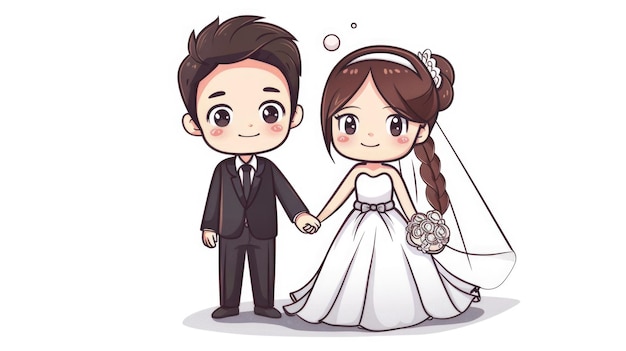 Cute Cartoon Couple in Wedding Attire for Invitation Design