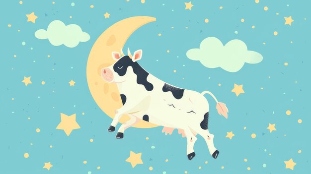 Photo cute cartoon cow sleeping on a crescent moon with stars and clouds in the night sky