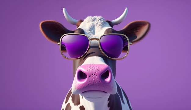 Cute Cartoon Cow wearing Purple Sunglasses on a Purple Background Generative AI