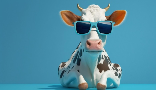 Cute Cartoon Cow wearing Sunglasses on a Blue Background Generative AI