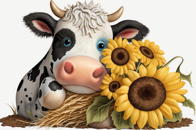 Cute cartoon of cow with sunflower no background