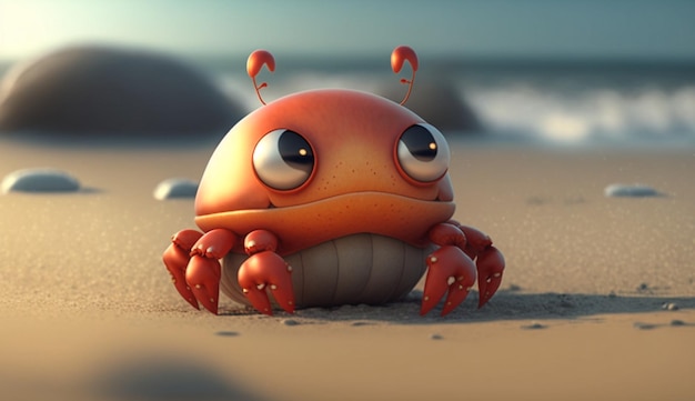 Cute Cartoon Crab on a Beach Generative AI